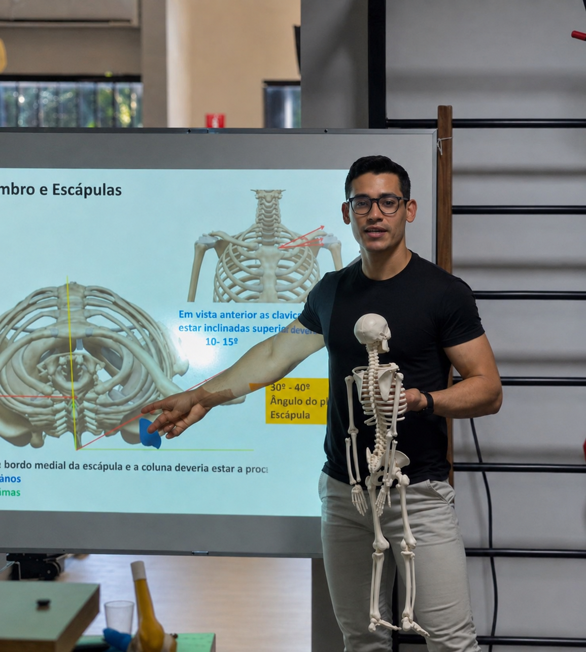 Prof. Lucas Moraes ensinando biomecânica de ombro e escápulas